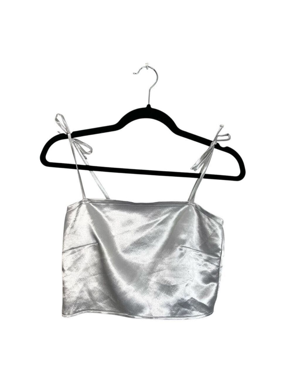 Ary Pastelle Montreal metallic silver satin tie shoulder crop top cami tank top